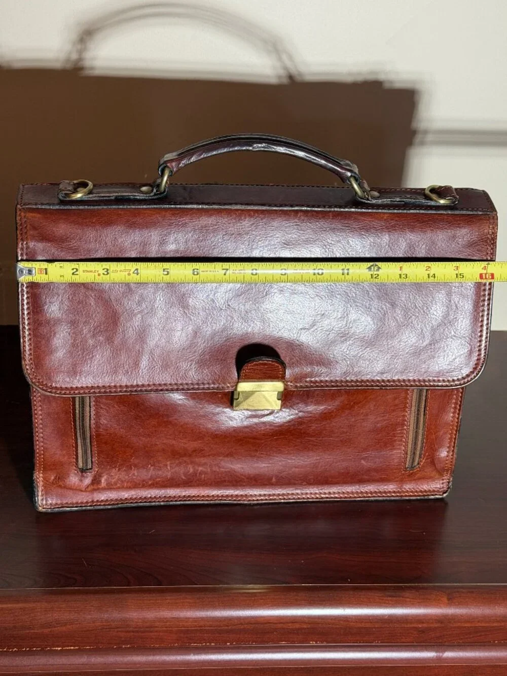 OLD ANGLER Cognac Italian Leather Brown Men's Flap Over Briefcase Made in Italy